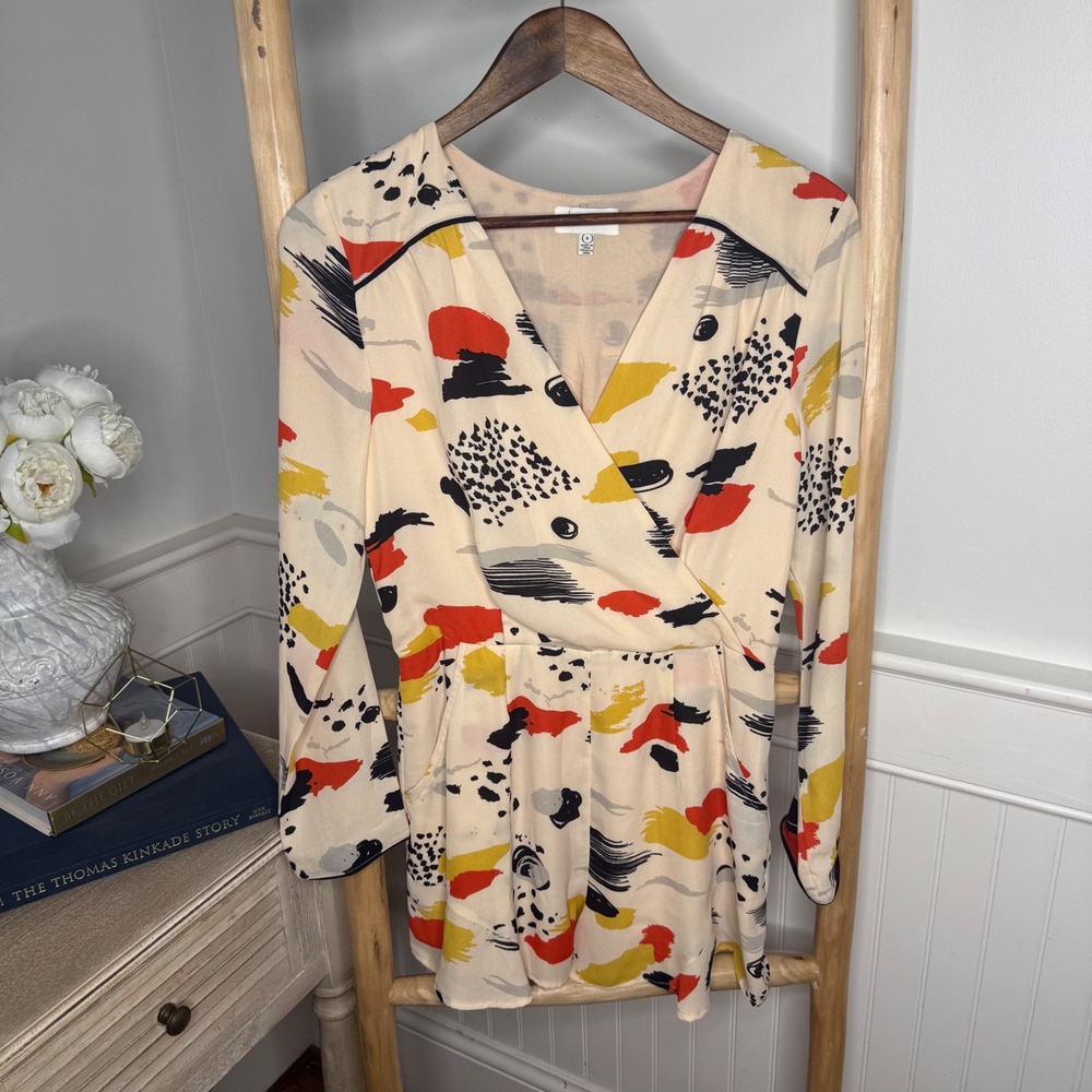 Harlyn Abstract Brushstroke Long Sleeve V-Neck Romper Cream Red Yellow Small